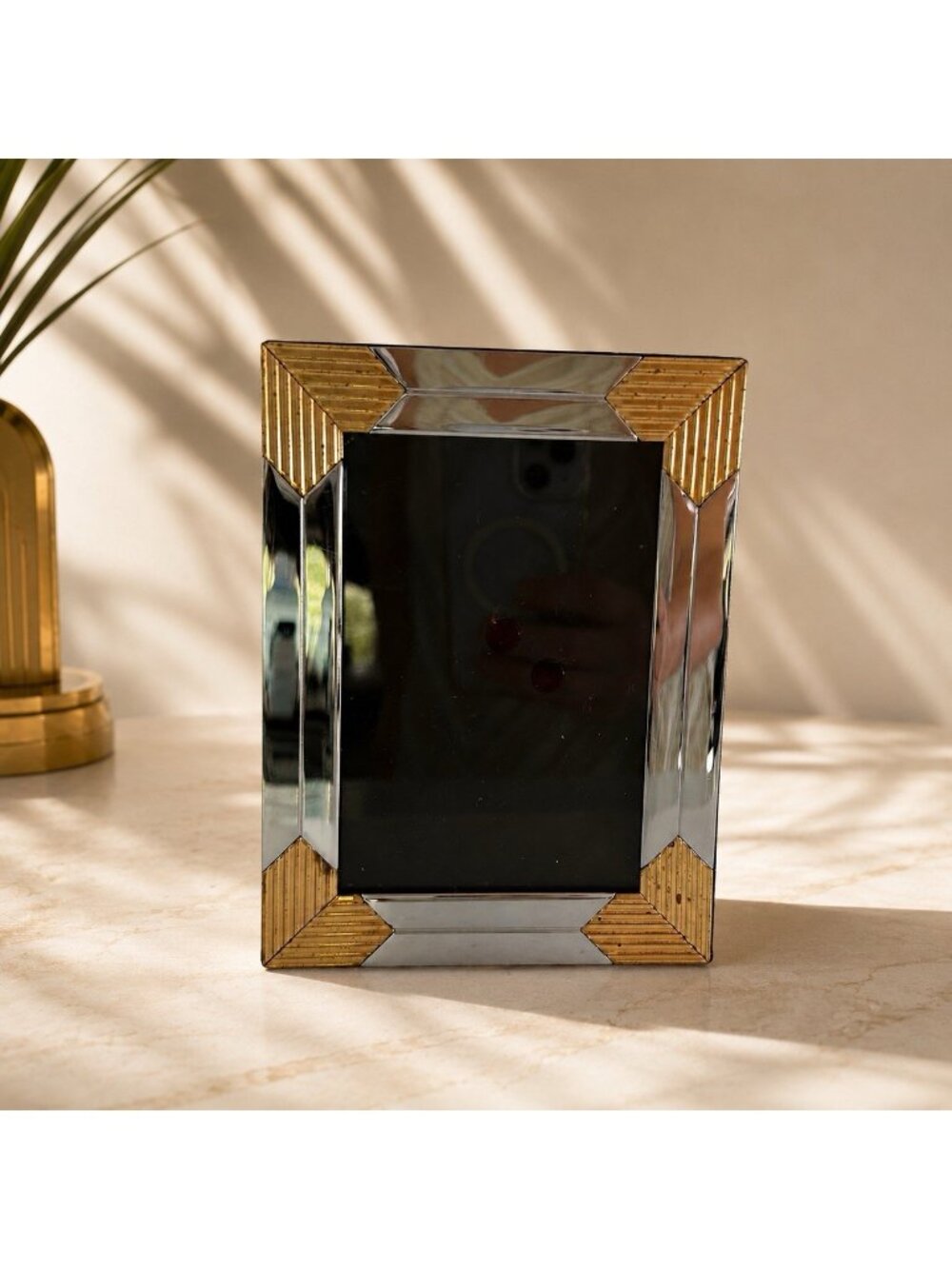 Vintage Silvertone Brass Art Deco Picture Frame Glass Cover Korea Velvet Backing